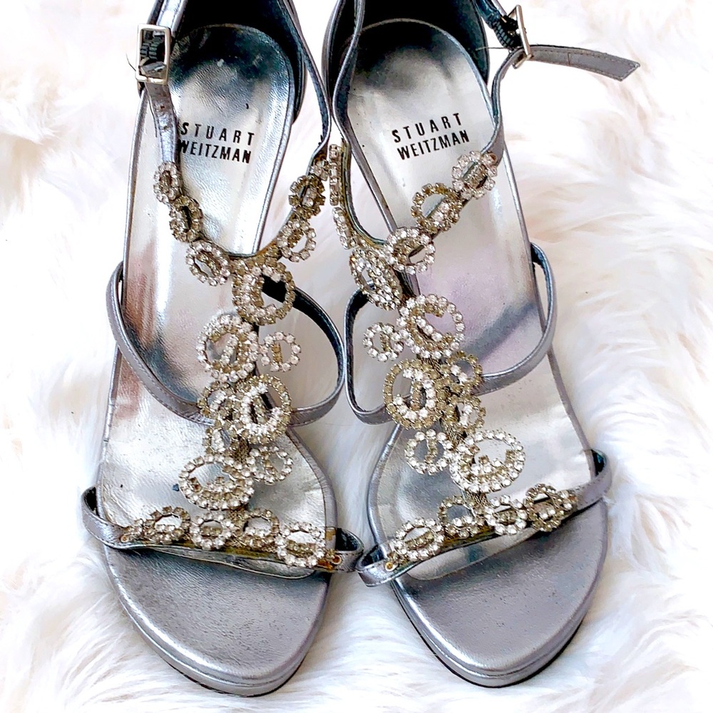 Stuart Weitzman silver Bridal/Evening collection Brillag Jewel strap heels 38